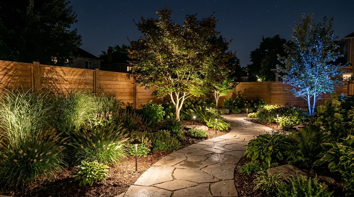 Backyard at night with low-voltage spotlights uplighting trees and grasses and path lights along a stone walkway