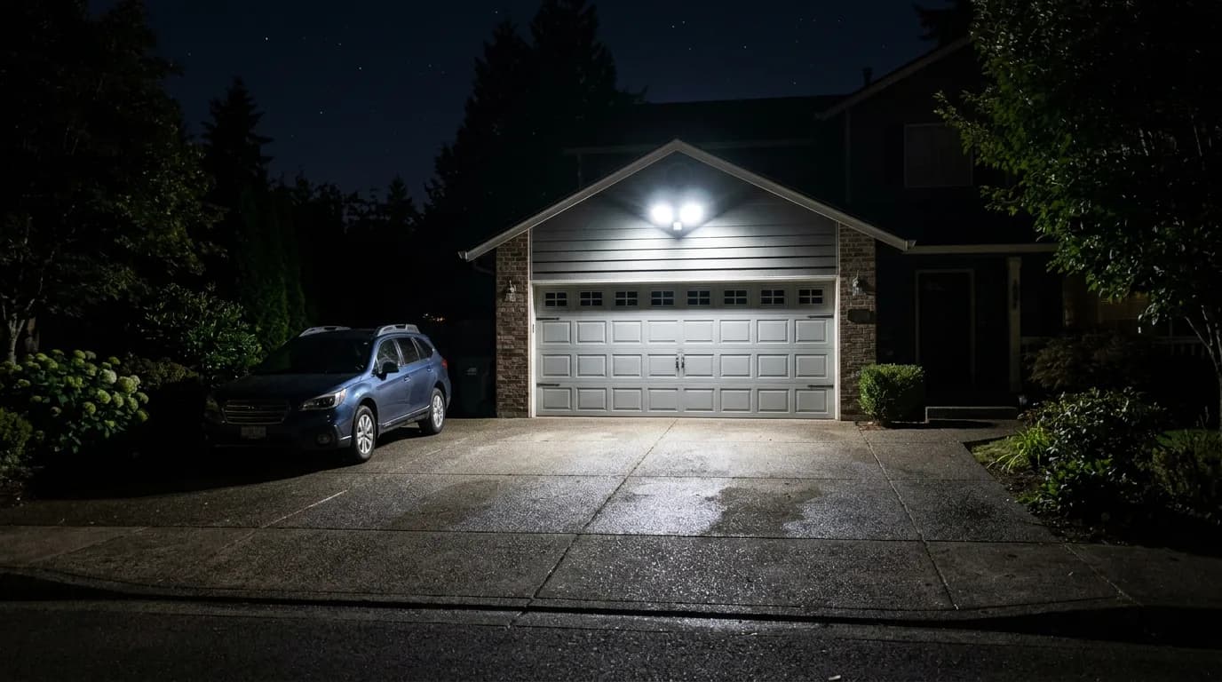Driveway at night lit by a two-head security floodlight above a garage door