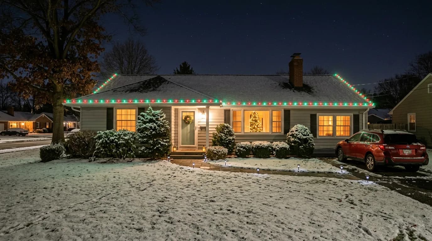 Ranch house on a snowy night with red and green permanent lights along the roofline