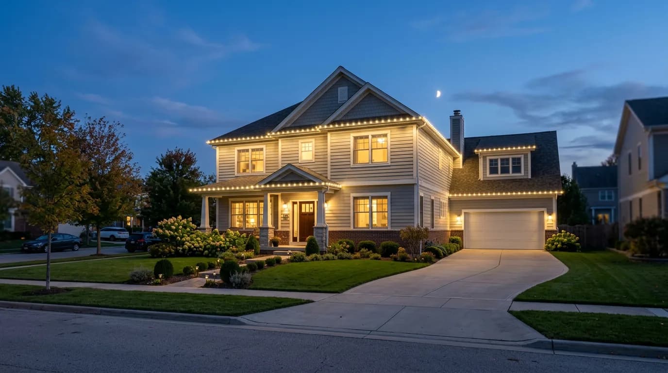 Two-story house at dusk with a continuous row of warm white permanent lights under the eaves