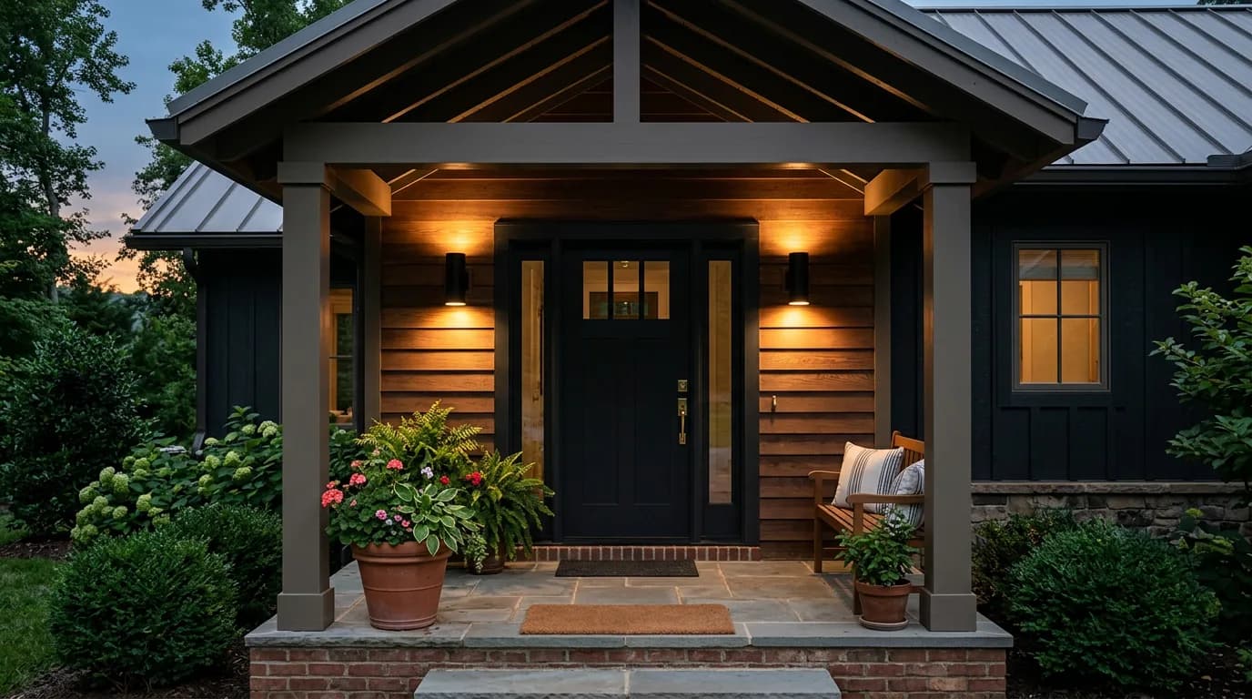 Covered front porch at dusk with two black wall lights beside the front door
