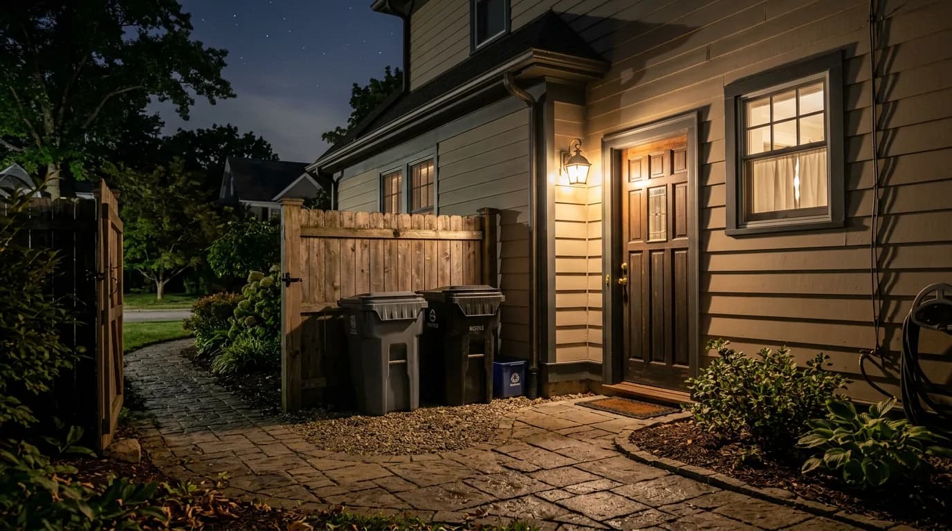 Side door of a house at night lit by a small wall light over a paved path and trash cans