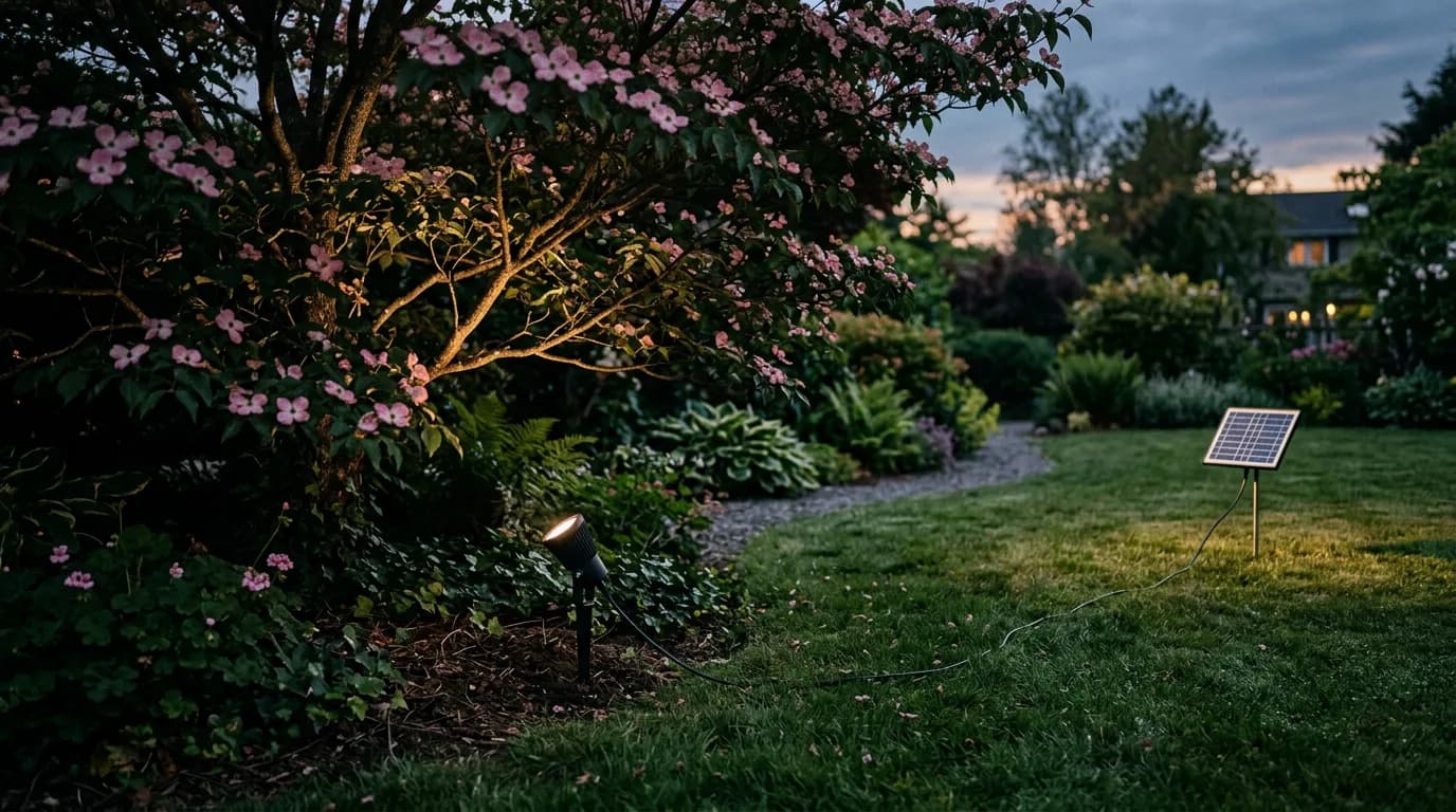 Spotlight in the shade under a flowering tree with a cable running to a separate solar panel in the sunny lawn