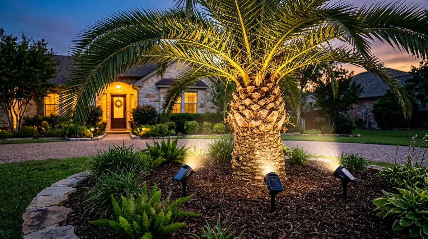 Three solar spotlights on ground stakes uplighting a palm tree in a front yard at dusk